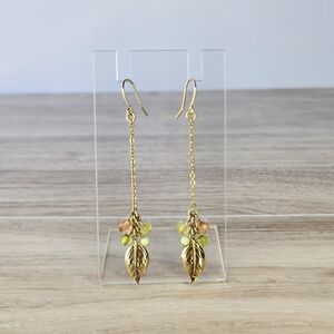 Gold Toned Leaf Drop Earrings with Green and Orange Bead Accents Spring Fashion